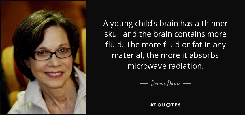 A young child's brain has a thinner skull and the brain contains more fluid. The more fluid or fat in any material, the more it absorbs microwave radiation. - Devra Davis