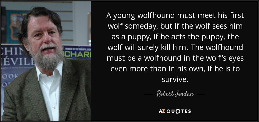 A young wolfhound must meet his first wolf someday, but if the wolf sees him as a puppy, if he acts the puppy, the wolf will surely kill him. The wolfhound must be a wolfhound in the wolf's eyes even more than in his own, if he is to survive. - Robert Jordan