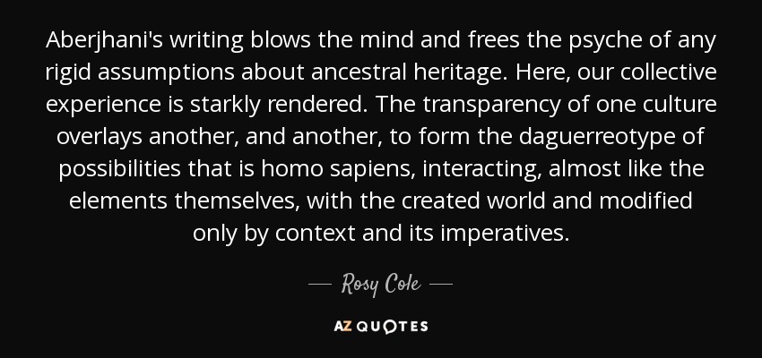 Aberjhani's writing blows the mind and frees the psyche of any rigid assumptions about ancestral heritage. Here, our collective experience is starkly rendered. The transparency of one culture overlays another, and another, to form the daguerreotype of possibilities that is homo sapiens, interacting, almost like the elements themselves, with the created world and modified only by context and its imperatives. - Rosy Cole