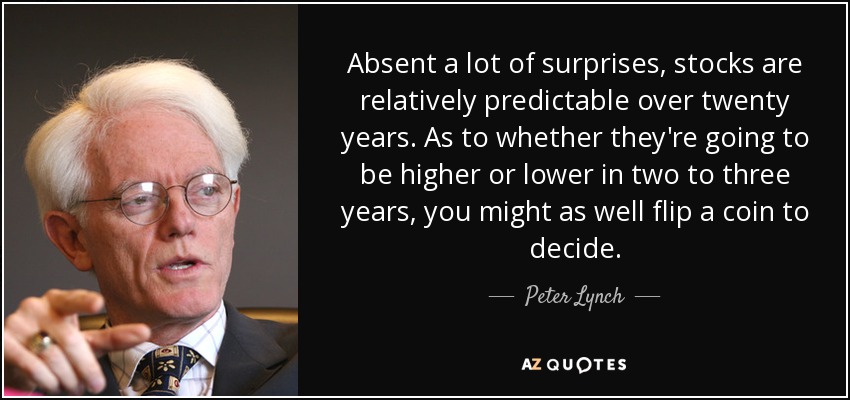 Absent a lot of surprises, stocks are relatively predictable over twenty years. As to whether they're going to be higher or lower in two to three years, you might as well flip a coin to decide. - Peter Lynch