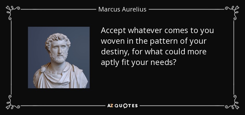 Accept whatever comes to you woven in the pattern of your destiny, for what could more aptly fit your needs? - Marcus Aurelius