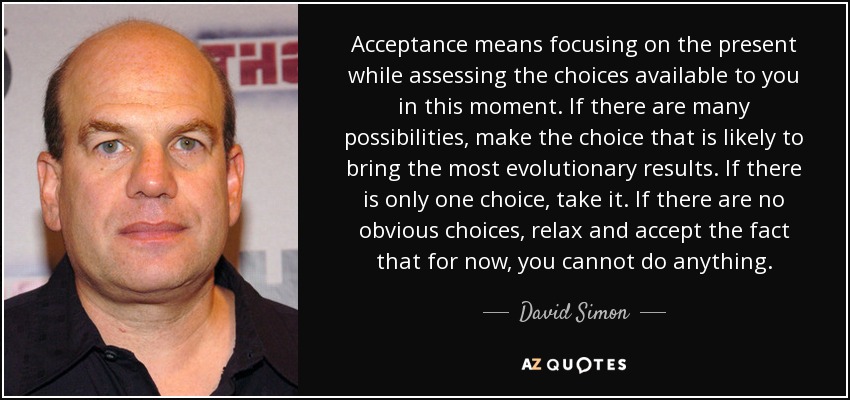 Acceptance means focusing on the present while assessing the choices available to you in this moment. If there are many possibilities, make the choice that is likely to bring the most evolutionary results. If there is only one choice, take it. If there are no obvious choices, relax and accept the fact that for now, you cannot do anything. - David Simon