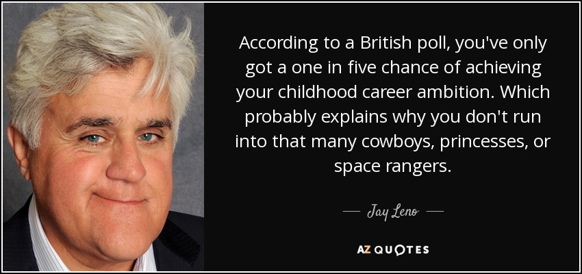According to a British poll, you've only got a one in five chance of achieving your childhood career ambition. Which probably explains why you don't run into that many cowboys, princesses, or space rangers. - Jay Leno