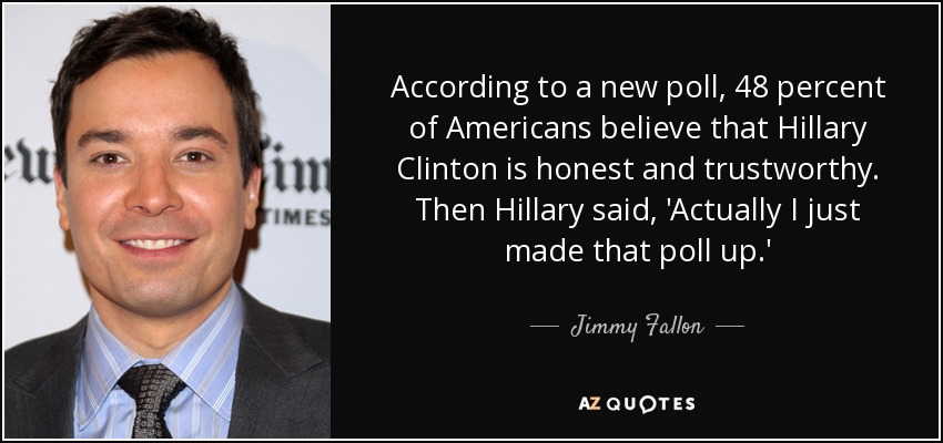 According to a new poll, 48 percent of Americans believe that Hillary Clinton is honest and trustworthy. Then Hillary said, 'Actually I just made that poll up.' - Jimmy Fallon