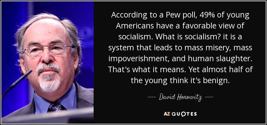 According to a Pew poll, 49% of young Americans have a favorable view of socialism. What is socialism? it is a system that leads to mass misery, mass impoverishment, and human slaughter. That's what it means. Yet almost half of the young think it's benign. - David Horowitz