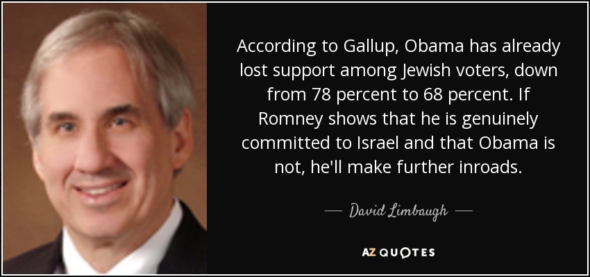 According to Gallup, Obama has already lost support among Jewish voters, down from 78 percent to 68 percent. If Romney shows that he is genuinely committed to Israel and that Obama is not, he'll make further inroads. - David Limbaugh