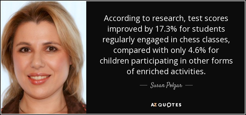 According to research, test scores improved by 17.3% for students regularly engaged in chess classes, compared with only 4.6% for children participating in other forms of enriched activities. - Susan Polgar
