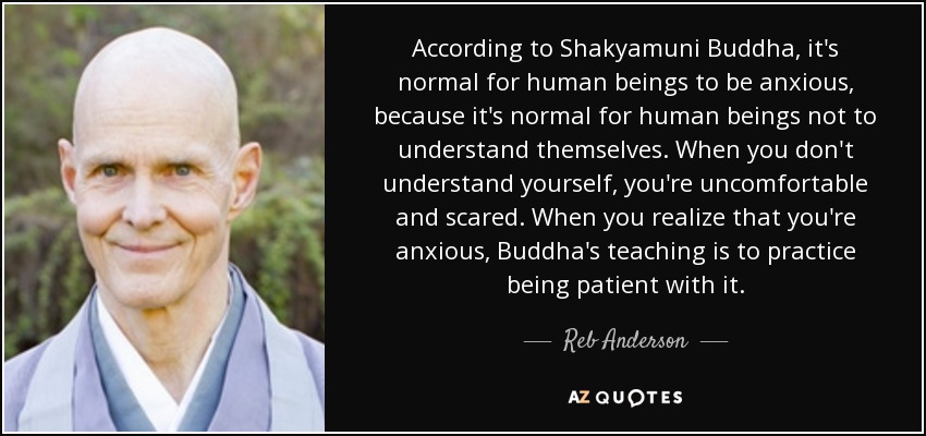 According to Shakyamuni Buddha, it's normal for human beings to be anxious, because it's normal for human beings not to understand themselves. When you don't understand yourself, you're uncomfortable and scared. When you realize that you're anxious, Buddha's teaching is to practice being patient with it. - Reb Anderson