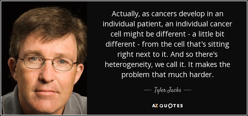 Actually, as cancers develop in an individual patient, an individual cancer cell might be different - a little bit different - from the cell that's sitting right next to it. And so there's heterogeneity, we call it. It makes the problem that much harder. - Tyler Jacks