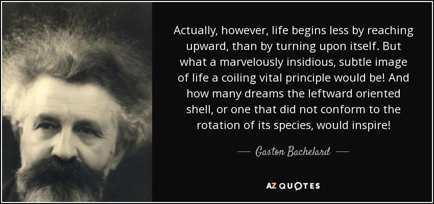 Actually, however, life begins less by reaching upward, than by turning upon itself. But what a marvelously insidious, subtle image of life a coiling vital principle would be! And how many dreams the leftward oriented shell, or one that did not conform to the rotation of its species, would inspire! - Gaston Bachelard