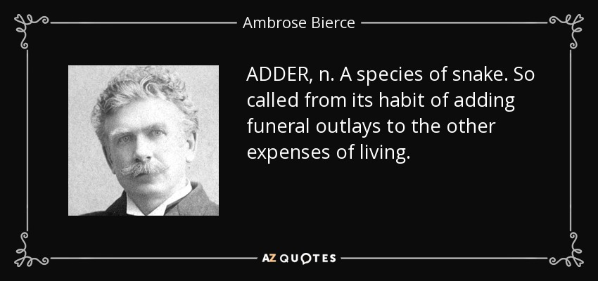 ADDER, n. A species of snake. So called from its habit of adding funeral outlays to the other expenses of living. - Ambrose Bierce