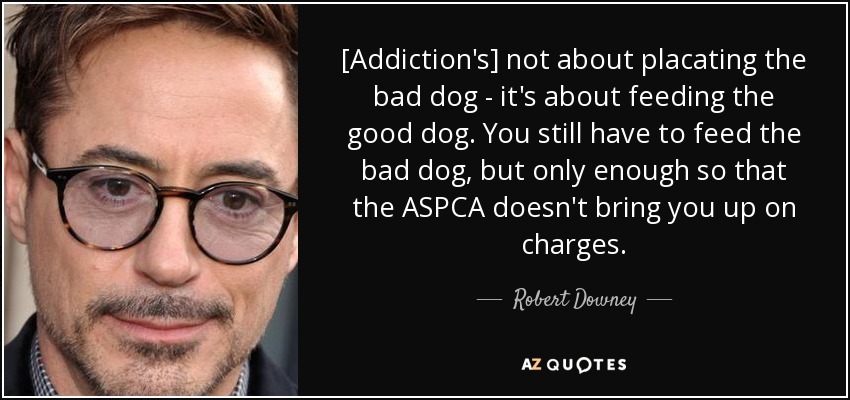 [Addiction's] not about placating the bad dog - it's about feeding the good dog. You still have to feed the bad dog, but only enough so that the ASPCA doesn't bring you up on charges. - Robert Downey, Jr.