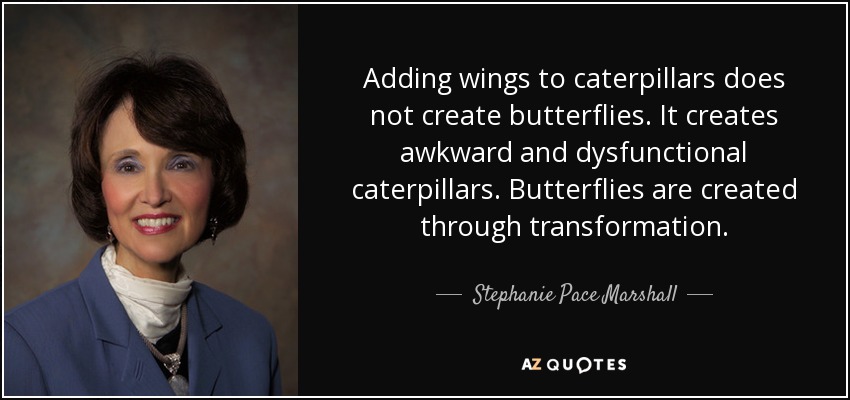 Adding wings to caterpillars does not create butterflies. It creates awkward and dysfunctional caterpillars. Butterflies are created through transformation. - Stephanie Pace Marshall