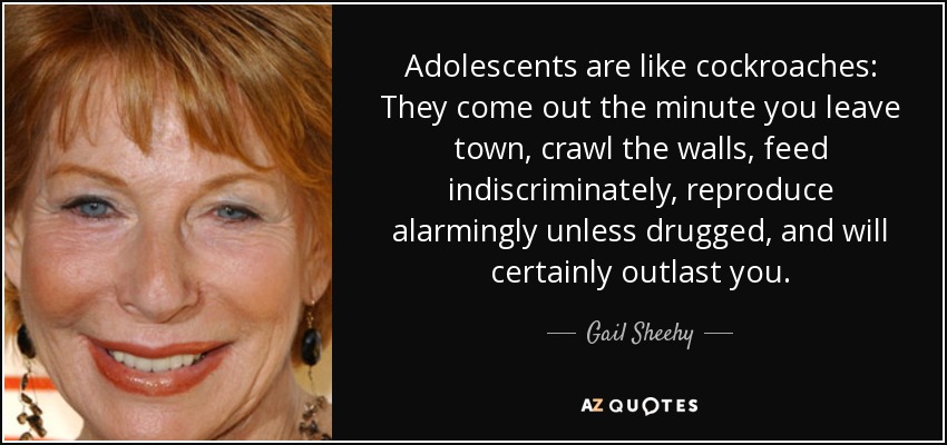 Adolescents are like cockroaches: They come out the minute you leave town, crawl the walls, feed indiscriminately, reproduce alarmingly unless drugged, and will certainly outlast you. - Gail Sheehy
