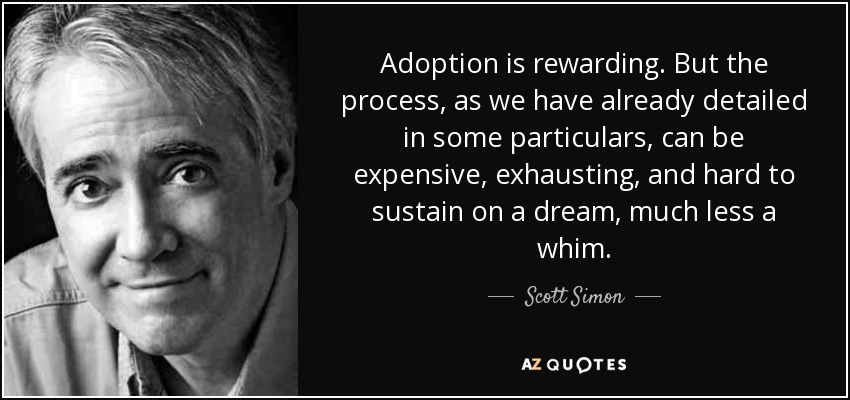 Adoption is rewarding. But the process, as we have already detailed in some particulars, can be expensive, exhausting, and hard to sustain on a dream, much less a whim. - Scott Simon