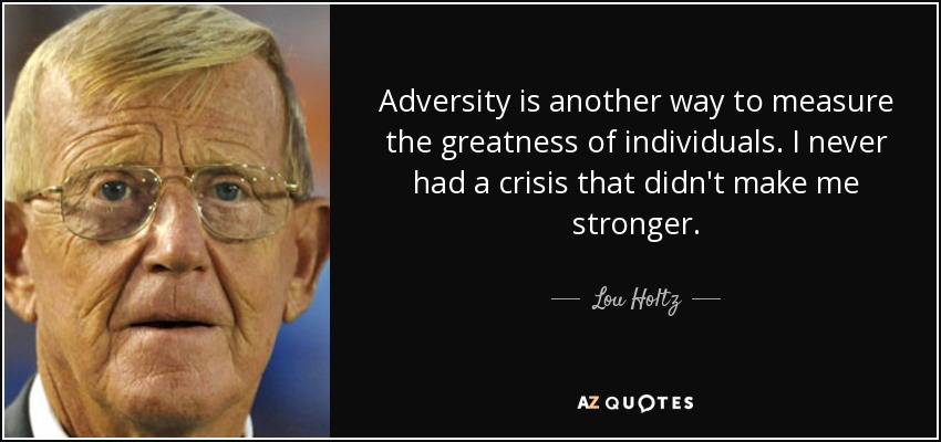 Adversity is another way to measure the greatness of individuals. I never had a crisis that didn't make me stronger. - Lou Holtz