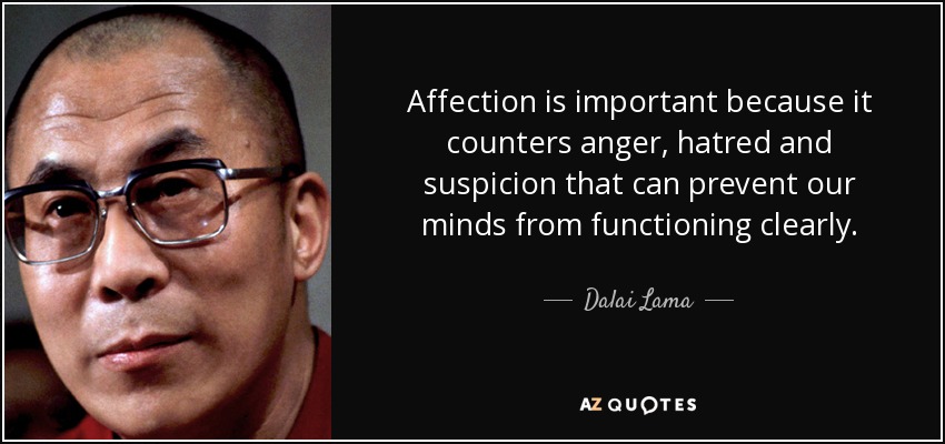 Affection is important because it counters anger, hatred and suspicion that can prevent our minds from functioning clearly. - Dalai Lama