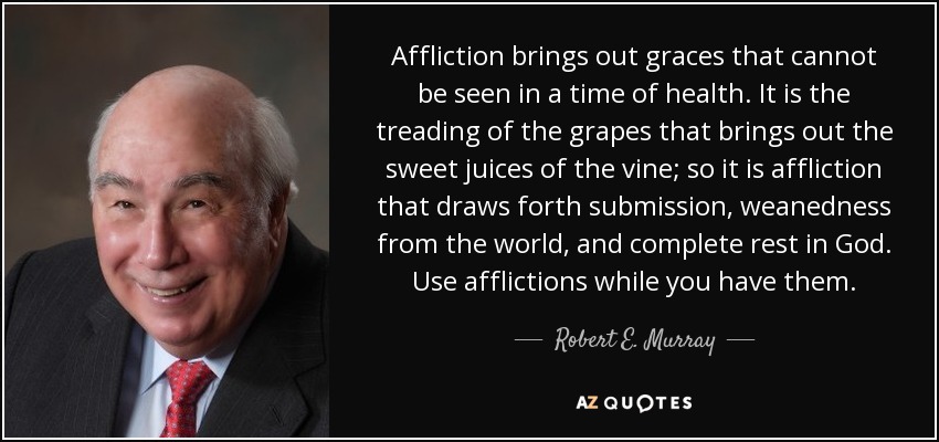 Affliction brings out graces that cannot be seen in a time of health. It is the treading of the grapes that brings out the sweet juices of the vine; so it is affliction that draws forth submission, weanedness from the world, and complete rest in God. Use afflictions while you have them. - Robert E. Murray