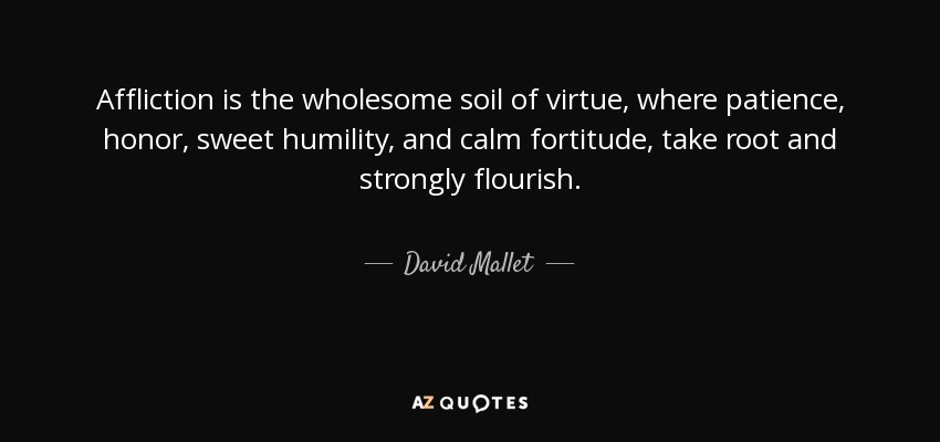 Affliction is the wholesome soil of virtue, where patience, honor, sweet humility, and calm fortitude, take root and strongly flourish. - David Mallet