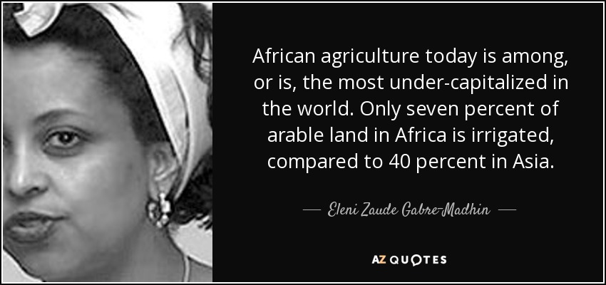African agriculture today is among, or is, the most under-capitalized in the world. Only seven percent of arable land in Africa is irrigated, compared to 40 percent in Asia. - Eleni Zaude Gabre-Madhin