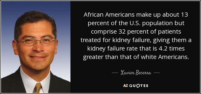 African Americans make up about 13 percent of the U.S. population but comprise 32 percent of patients treated for kidney failure, giving them a kidney failure rate that is 4.2 times greater than that of white Americans. - Xavier Becerra