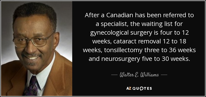 After a Canadian has been referred to a specialist, the waiting list for gynecological surgery is four to 12 weeks, cataract removal 12 to 18 weeks, tonsillectomy three to 36 weeks and neurosurgery five to 30 weeks. - Walter E. Williams