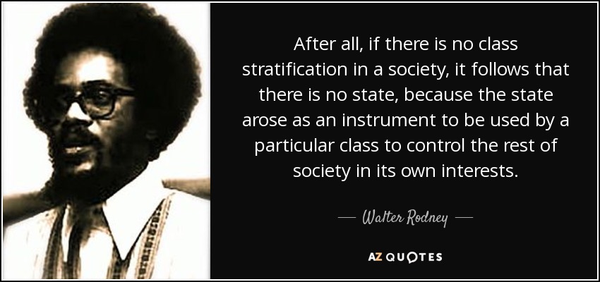 After all, if there is no class stratification in a society, it follows that there is no state, because the state arose as an instrument to be used by a particular class to control the rest of society in its own interests. - Walter Rodney
