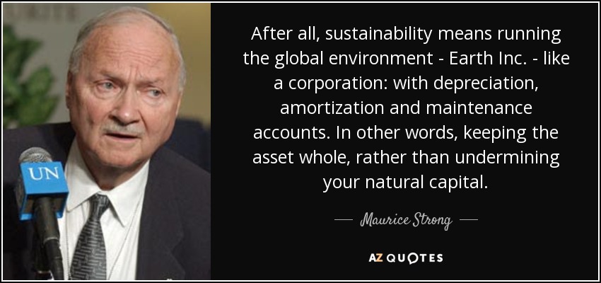 After all, sustainability means running the global environment - Earth Inc. - like a corporation: with depreciation, amortization and maintenance accounts. In other words, keeping the asset whole, rather than undermining your natural capital. - Maurice Strong