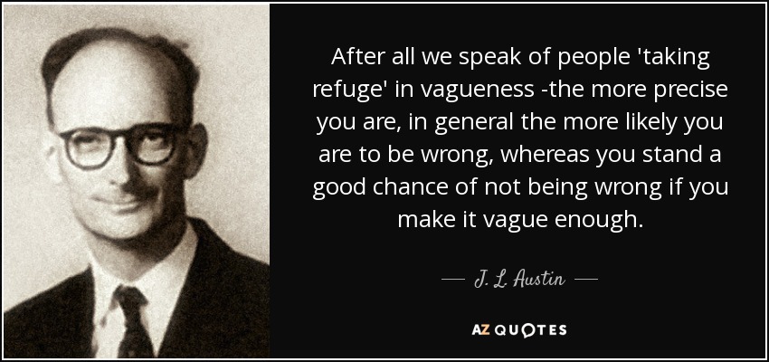 After all we speak of people 'taking refuge' in vagueness -the more precise you are, in general the more likely you are to be wrong, whereas you stand a good chance of not being wrong if you make it vague enough. - J. L. Austin