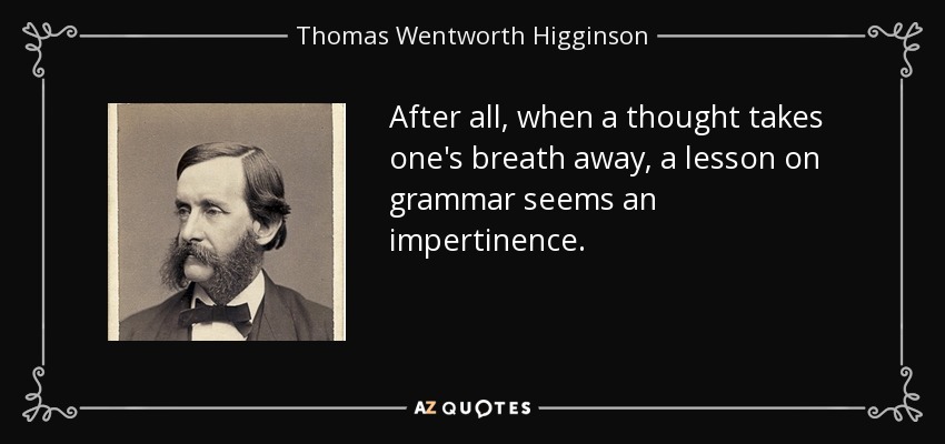 After all, when a thought takes one's breath away, a lesson on grammar seems an impertinence. - Thomas Wentworth Higginson