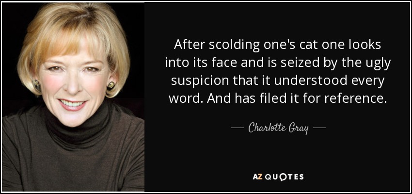 After scolding one's cat one looks into its face and is seized by the ugly suspicion that it understood every word. And has filed it for reference. - Charlotte Gray