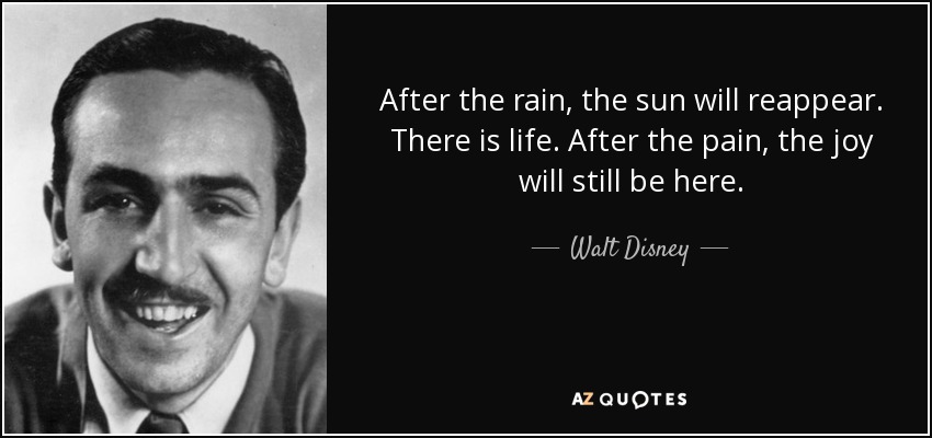 After the rain, the sun will reappear. There is life. After the pain, the joy will still be here. - Walt Disney