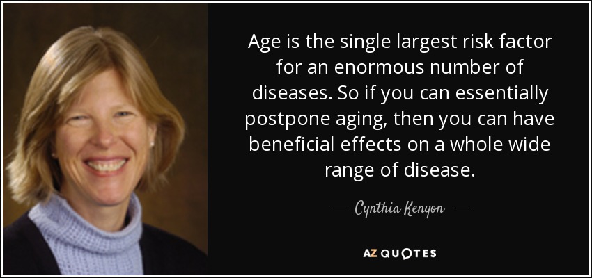 Age is the single largest risk factor for an enormous number of diseases. So if you can essentially postpone aging, then you can have beneficial effects on a whole wide range of disease. - Cynthia Kenyon