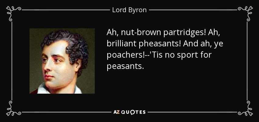 Ah, nut-brown partridges! Ah, brilliant pheasants! And ah, ye poachers!--'Tis no sport for peasants. - Lord Byron