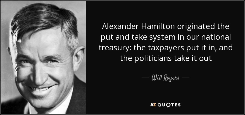 Alexander Hamilton originated the put and take system in our national treasury: the taxpayers put it in, and the politicians take it out - Will Rogers