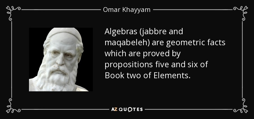 Algebras (jabbre and maqabeleh) are geometric facts which are proved by propositions five and six of Book two of Elements. - Omar Khayyam
