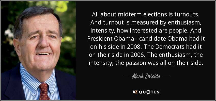 All about midterm elections is turnouts. And turnout is measured by enthusiasm, intensity, how interested are people. And President Obama - candidate Obama had it on his side in 2008. The Democrats had it on their side in 2006. The enthusiasm, the intensity, the passion was all on their side. - Mark Shields