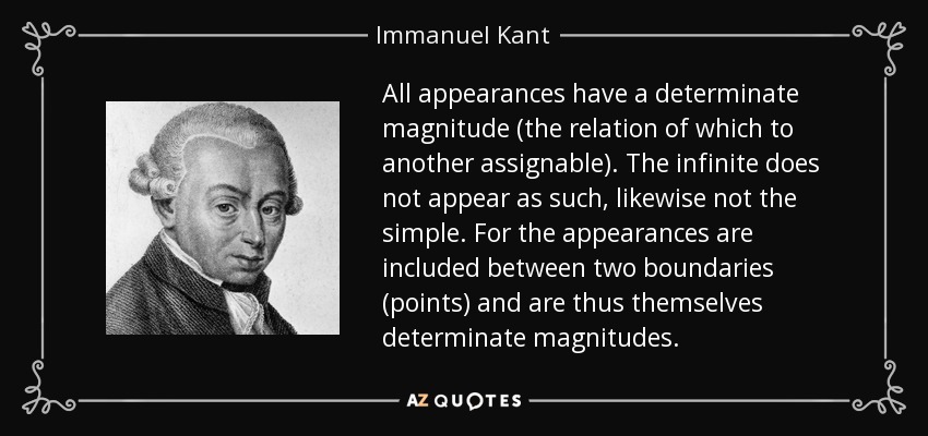 All appearances have a determinate magnitude (the relation of which to another assignable). The infinite does not appear as such, likewise not the simple. For the appearances are included between two boundaries (points) and are thus themselves determinate magnitudes. - Immanuel Kant