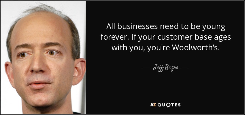 All businesses need to be young forever. If your customer base ages with you, you're Woolworth's. - Jeff Bezos