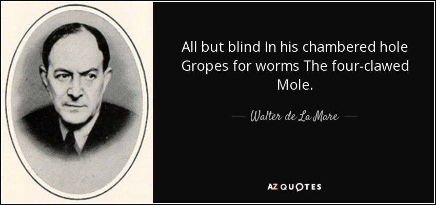 All but blind In his chambered hole Gropes for worms The four-clawed Mole. - Walter de La Mare