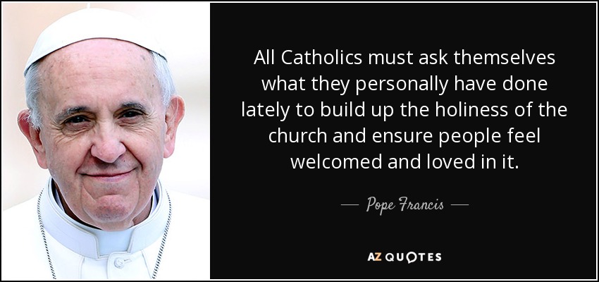 All Catholics must ask themselves what they personally have done lately to build up the holiness of the church and ensure people feel welcomed and loved in it. - Pope Francis