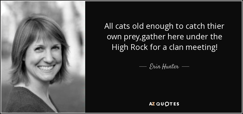 All cats old enough to catch thier own prey,gather here under the High Rock for a clan meeting! - Erin Hunter