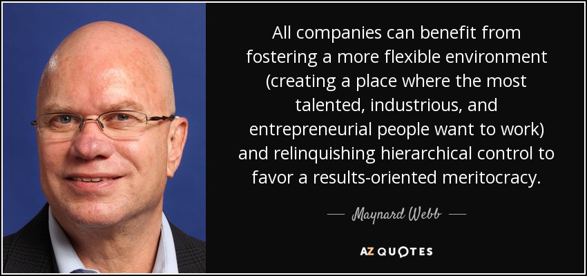 All companies can benefit from fostering a more flexible environment (creating a place where the most talented, industrious, and entrepreneurial people want to work) and relinquishing hierarchical control to favor a results-oriented meritocracy. - Maynard Webb