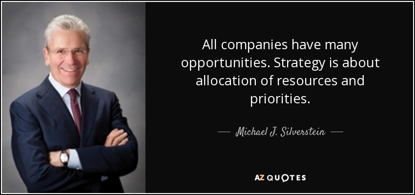 All companies have many opportunities. Strategy is about allocation of resources and priorities. - Michael J. Silverstein