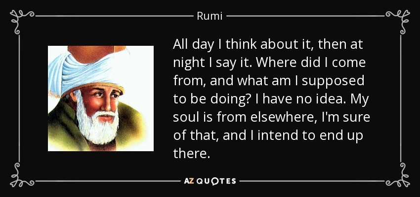 All day I think about it, then at night I say it. Where did I come from, and what am I supposed to be doing? I have no idea. My soul is from elsewhere, I'm sure of that, and I intend to end up there. - Rumi