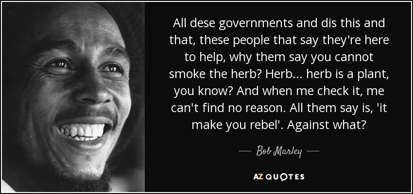 All dese governments and dis this and that, these people that say they're here to help, why them say you cannot smoke the herb? Herb... herb is a plant, you know? And when me check it, me can't find no reason. All them say is, 'it make you rebel'. Against what? - Bob Marley