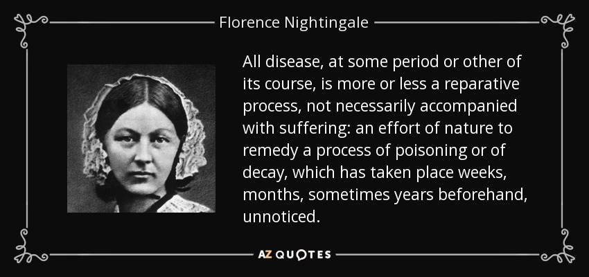 All disease, at some period or other of its course, is more or less a reparative process, not necessarily accompanied with suffering: an effort of nature to remedy a process of poisoning or of decay, which has taken place weeks, months, sometimes years beforehand, unnoticed. - Florence Nightingale
