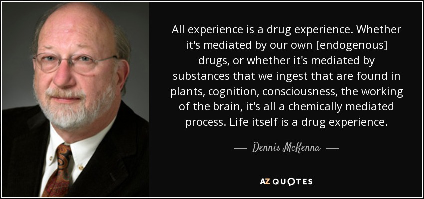 All experience is a drug experience. Whether it's mediated by our own [endogenous] drugs, or whether it's mediated by substances that we ingest that are found in plants, cognition, consciousness, the working of the brain, it's all a chemically mediated process. Life itself is a drug experience. - Dennis McKenna