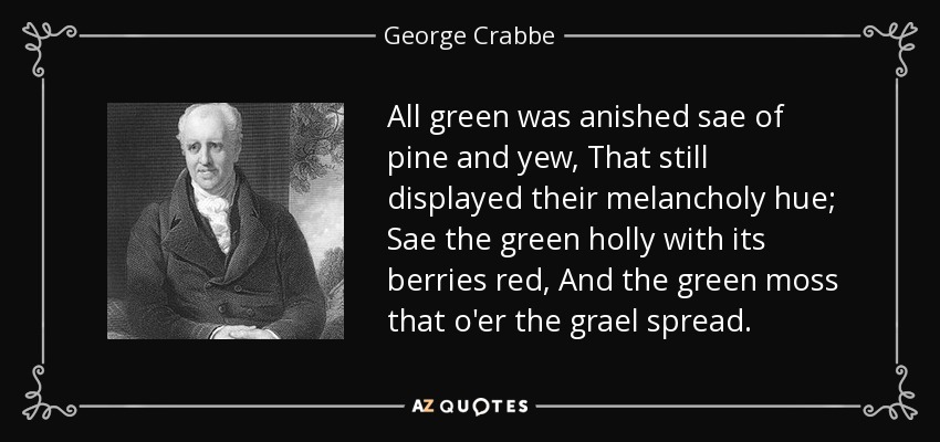 All green was anished sae of pine and yew, That still displayed their melancholy hue; Sae the green holly with its berries red, And the green moss that o'er the grael spread. - George Crabbe
