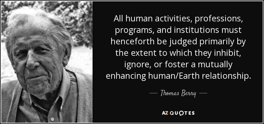 All human activities, professions, programs, and institutions must henceforth be judged primarily by the extent to which they inhibit, ignore, or foster a mutually enhancing human/Earth relationship. - Thomas Berry